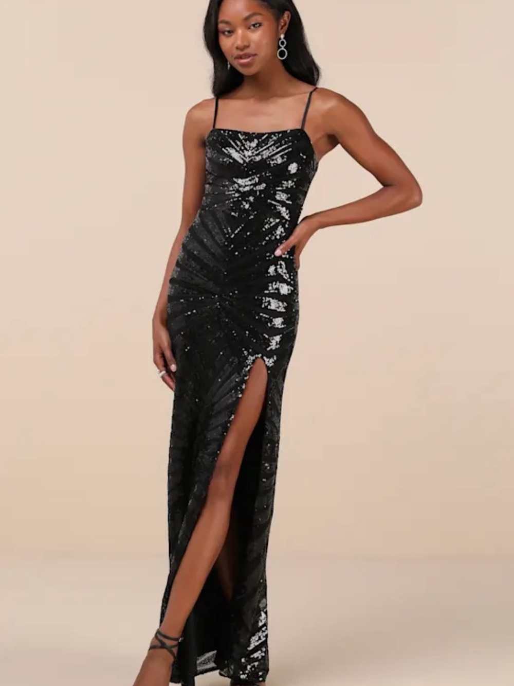 Lulu's Black Sequin Spaghetti-Strap Maxi Gown with High Slit